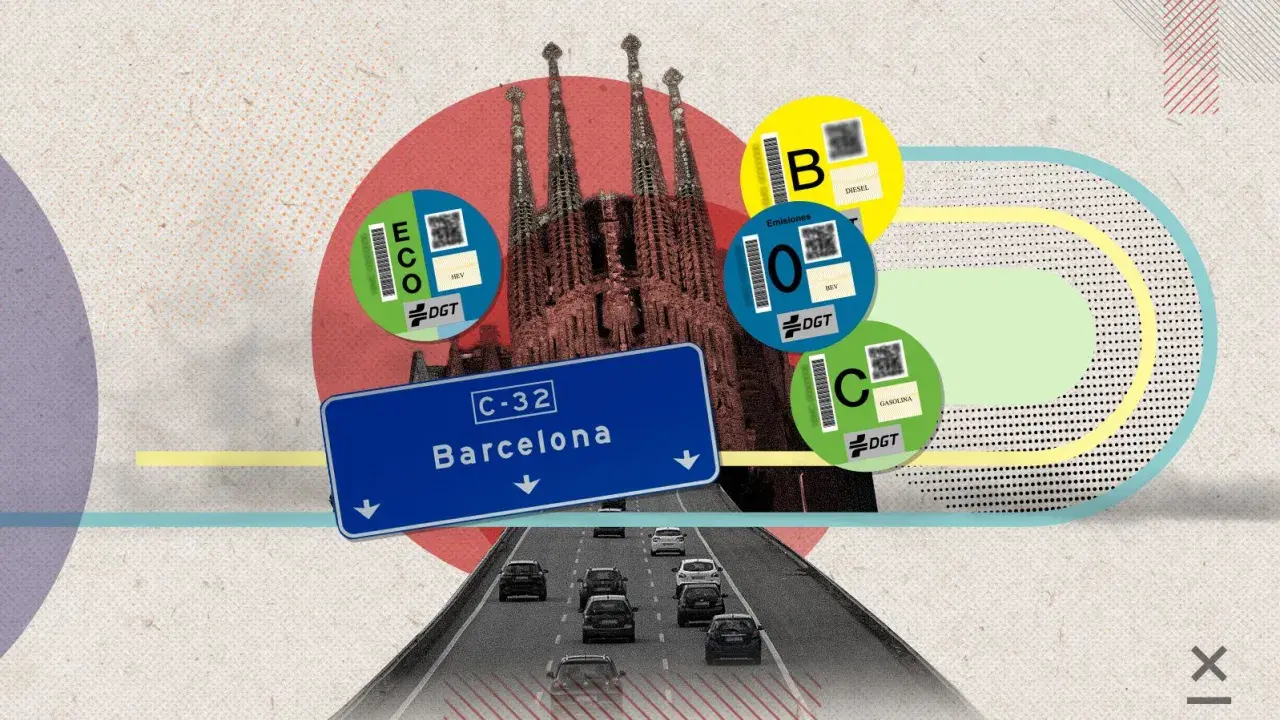Pegatinas DGT (B, 0, C, ECO) y la Sagrada Familia indican quins cotxes poden entrar a Barcelona.