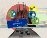 Pegatinas DGT (B, 0, C, ECO) y la Sagrada Familia indican quins cotxes poden entrar a Barcelona.