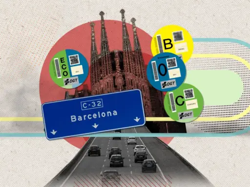 Pegatinas DGT (B, 0, C, ECO) y la Sagrada Familia indican quins cotxes poden entrar a Barcelona.