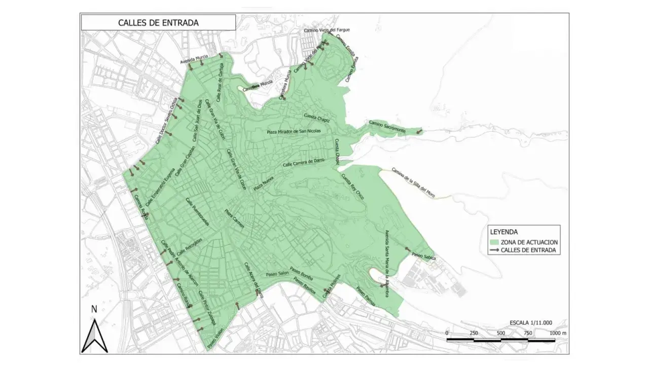 Mapa de Granada que muestra las calles de entrada y la zona de actuación. Se puede entrar al centro de Granada en coche por varias vías.