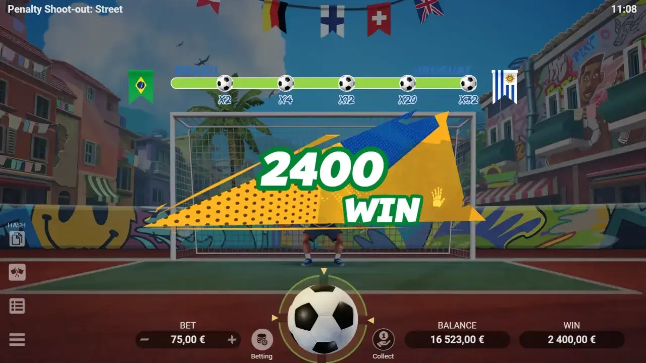 Interfaz del juego de tiros de penalti: reglas y pagos. ¡Ganaste 2400!