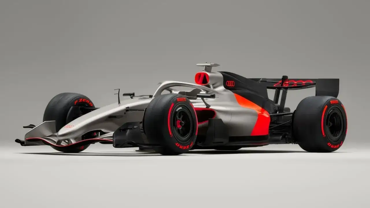 El coche de Audi F1 plateado y negro con detalles en rojo brillante, listo para la velocidad.
