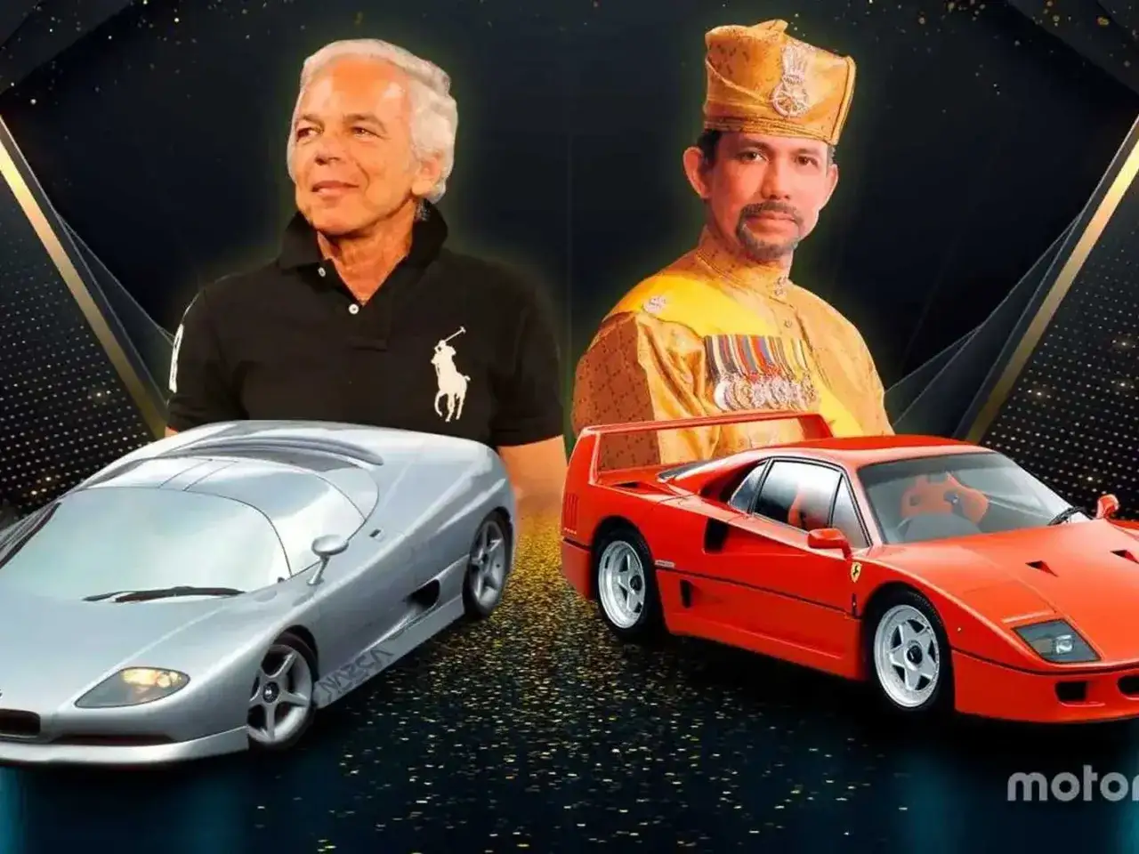 Ralph Lauren y el Sult&aacute;n de Brun&eacute;i, rodeados de coches raros: un plateado McLaren F1 y un rojo Ferrari F40.