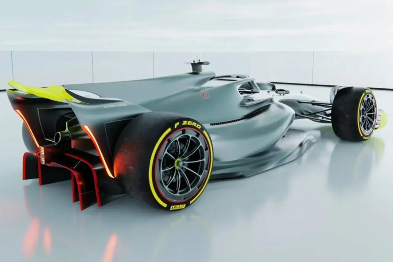 Concepto futurista de coche de noticias f&oacute;rmula 1 con aler&oacute;n trasero amarillo y luces rojas.