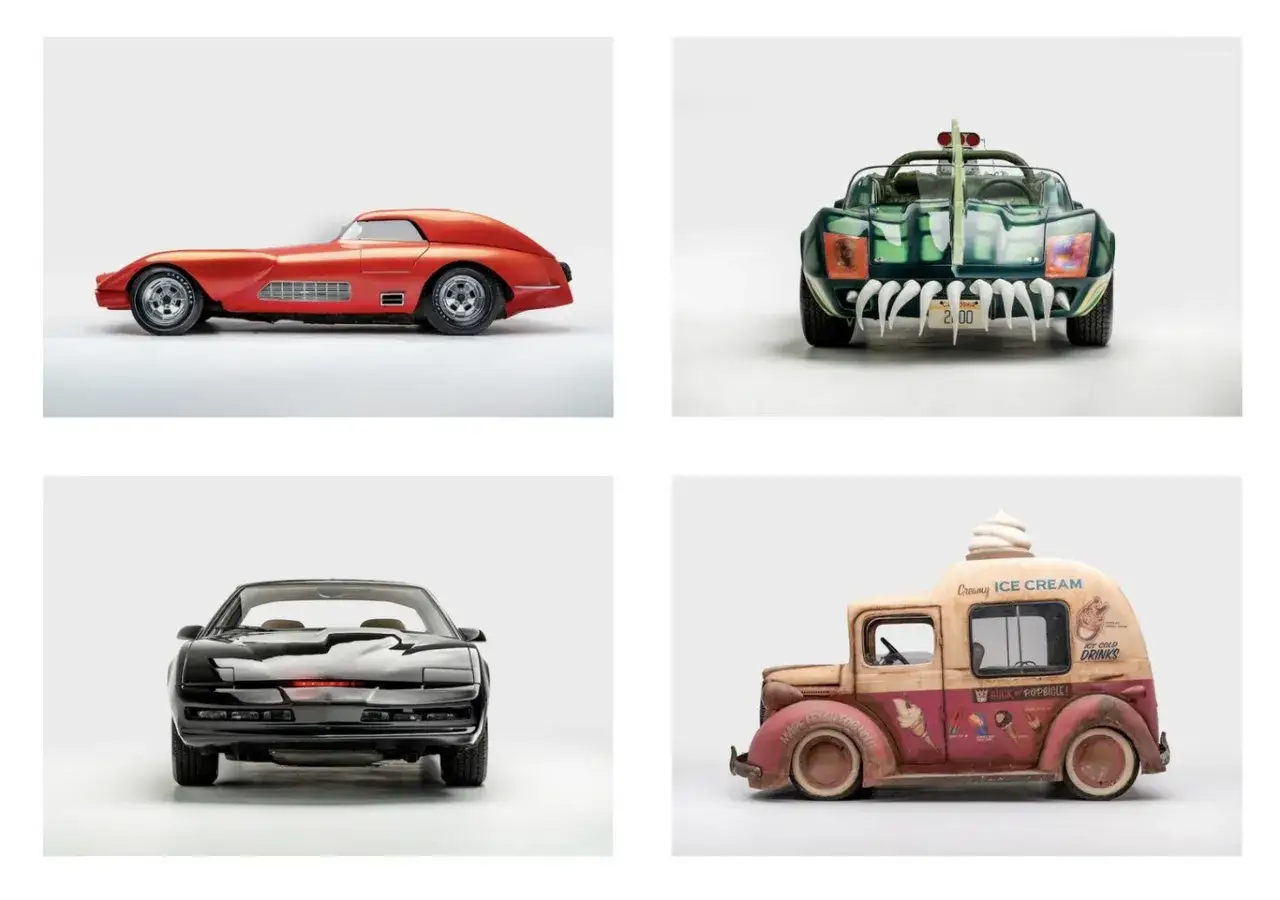 Colección de coches mas famosos: el rojo futurista, el verde monstruoso, el negro KITT y un camión de helados vintage.