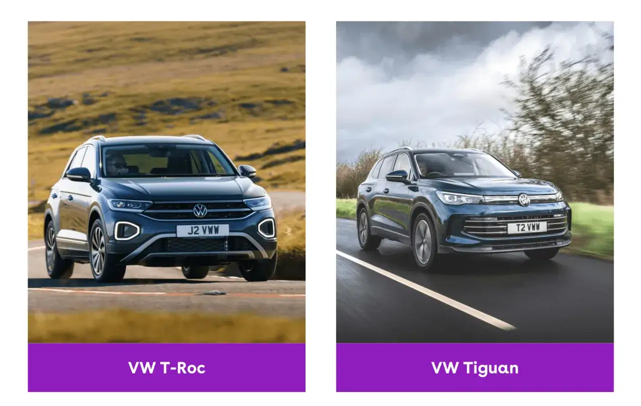 Comparativa: VW T-Roc y VW Tiguan en carretera. El T-Roc, más compacto, se luce en un paisaje rural. El Tiguan, más grande, avanza con dinamismo.