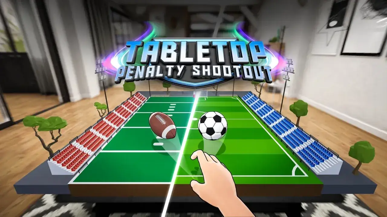El juego de tiros de penalti: interfaz, reglas y pagos. Un campo de fútbol virtual con balones de fútbol americano y soccer.
